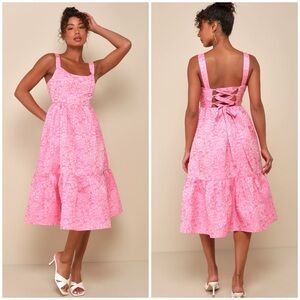 Lulu's Spanish Getaway Pink Floral Lace-Up Midi Dress With Pockets
